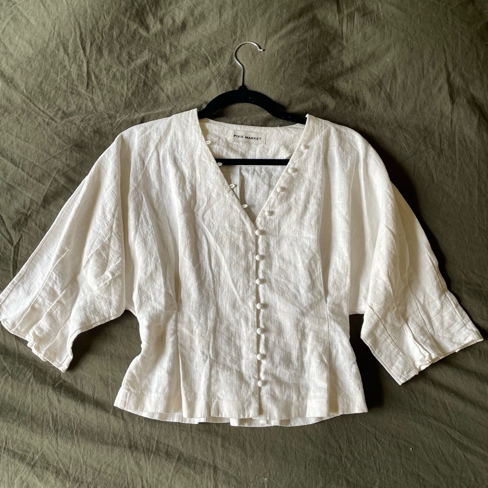 Pixie Market Linen Blouse White Cottage Core